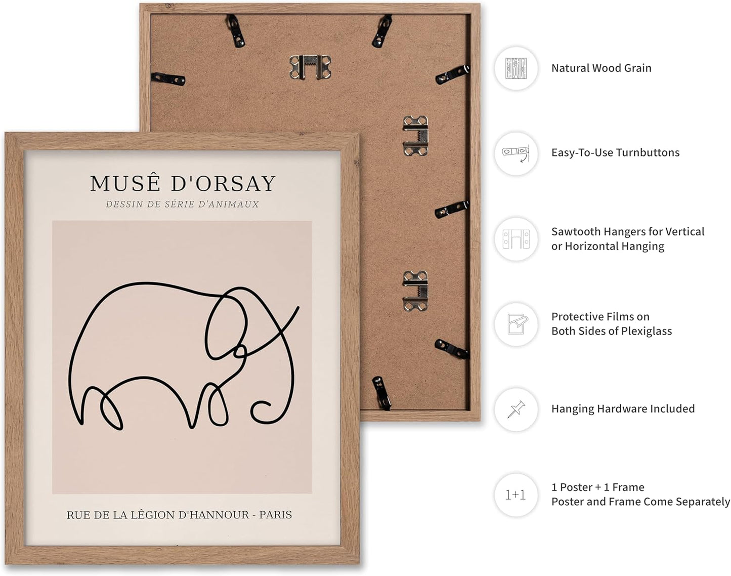 Poster Master Vintage Poster - Retro One Line Elephant Drawing Print - Elephant Art - Minimal Gift for Men, Women, Animal Lover - Abstract Wall Decor for Home, Office, 8x10 Beige Framed