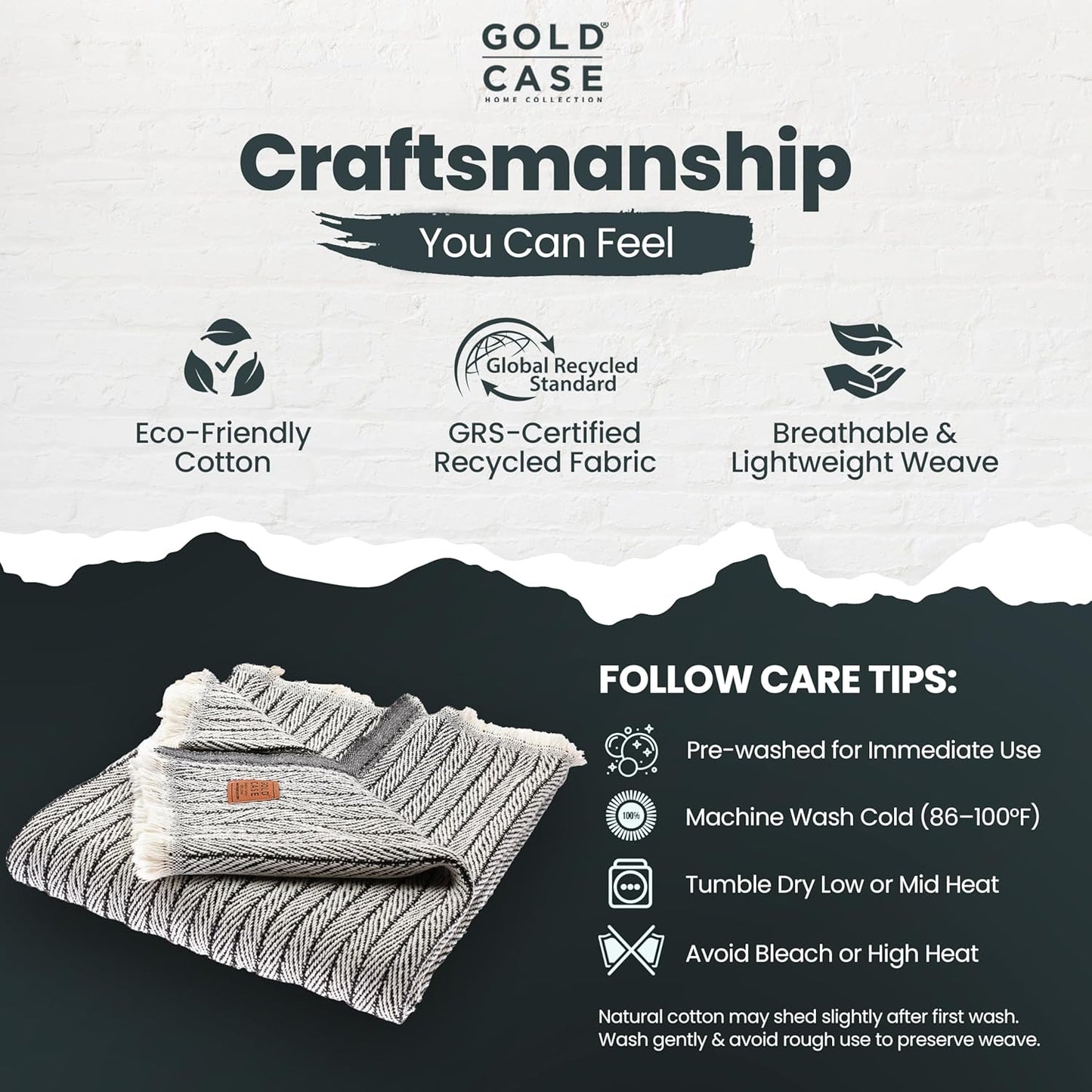 Gold Case Throw Blanket for Couch – 100% Recycled Turkish Cotton Blankets & Throws – Elegant Decorative Throw Blankets for Living Room Sofa – Woven Throws for Couch – Vintage Black – 60x80