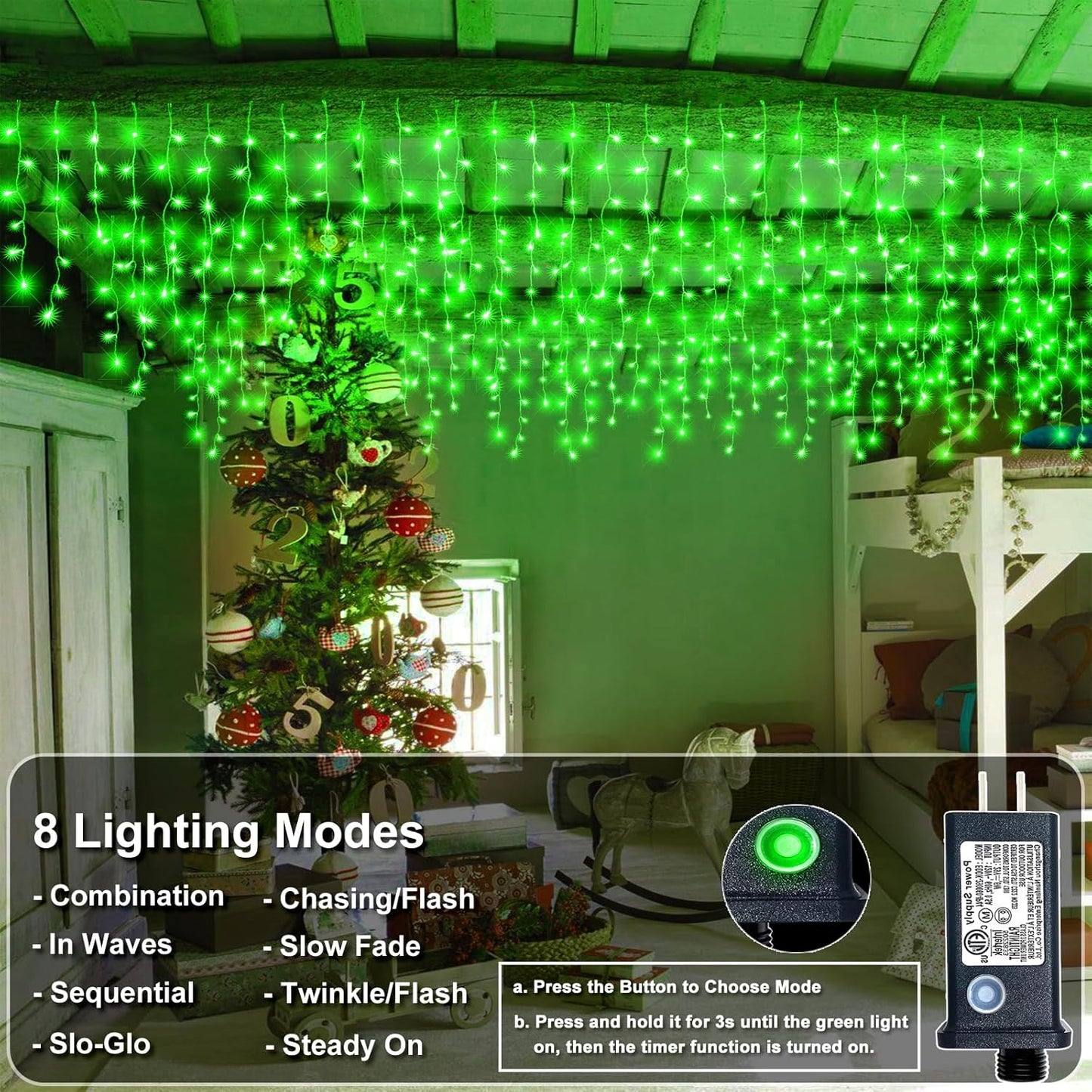 Icicle Lights for Outside, 66FT 640 LED Christmas Lights Outdoor with 8 Modes Waterproof, Connectable Plug in Twinkle String Light for Indoor Yard Garden Party Holiday Decorations, Green
