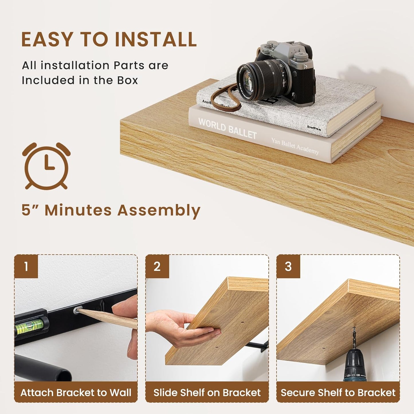 fuqing Floating Shelves for Wall, Bathroom Shelf Wall Mounted for Storage, Shelves with Invisible Bracket for Bedroom, Kitchen, Living Room, Farmhouse Small Book Shelf, 55 Inch Set of 2, Oak