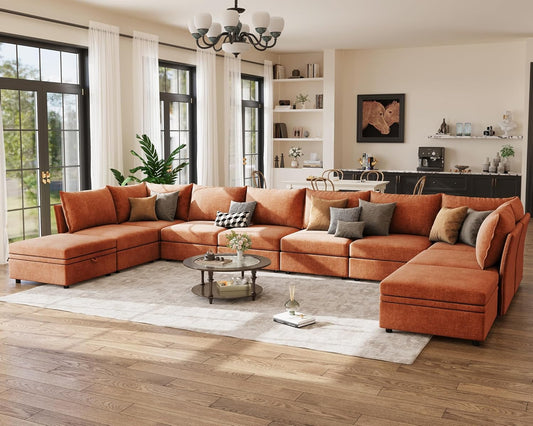 198.6" Oversized Modular Sectional Sofa, U Shaped Convertible Couch with Movable Ottoman, Large 10 Seats Corner Couches for Living Room Deep Seat Terracotta Chenille