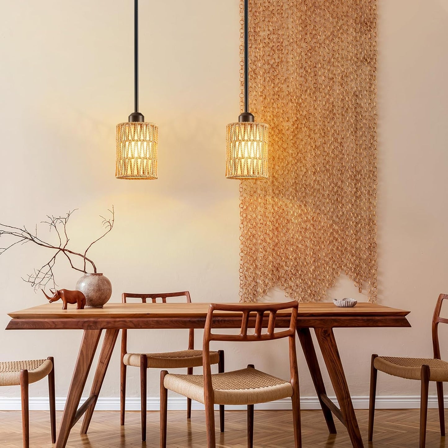 Pendant Light Boho Hanging Lamp, Rattan Hanging Lights with 2 in 1 Linen & Woven Shade, Ceiling Light Fixtures for Kitchen Island, Dining Room, Farmhouse, Bedroom (1 Pack)