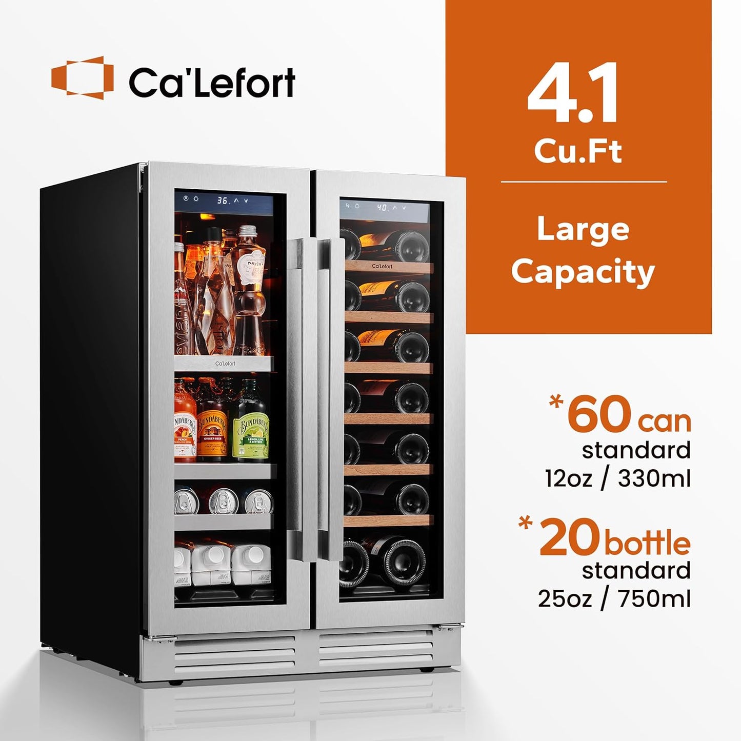 Ca'Lefort 24 Inch Wine and Beverage Refrigerator, 60 Can and 20 Bottle Wine Fridge 36-72°F, 3 LED Dual Zone Wine Cooler with Glass Door, Built-in Compressor Refrigerator for Home/Kitchen (4.10 cu.ft)