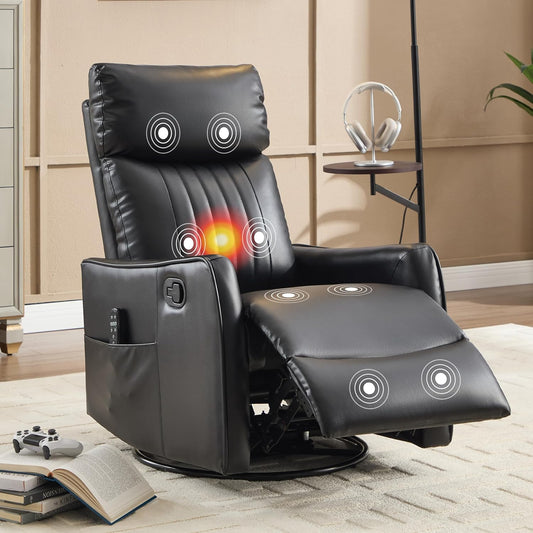 Manual Swivel Rocker Recliner Chair for Adults, Overstuffed Reclining Glider Chair for Nursing with Vibration Massage & Heat, Living Room Rocking Recliner 2-Stage backrest, Faux Leather Black