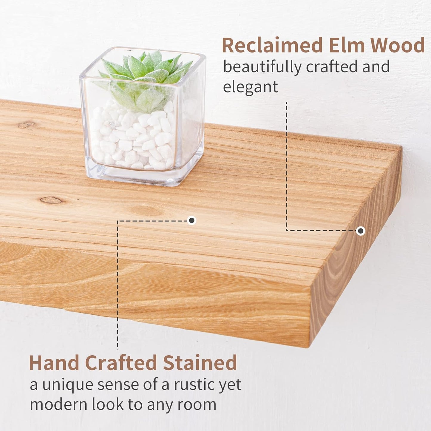 Axeman Floating Shelves for Wall, 8 Inch Deep Rustic Solid Elm Wood Wall Shelves for Storage, Wall Mounted Display Shelving with Invisible Heavy-Duty Metal Bracket, 36'' Width Set of 2, Natural