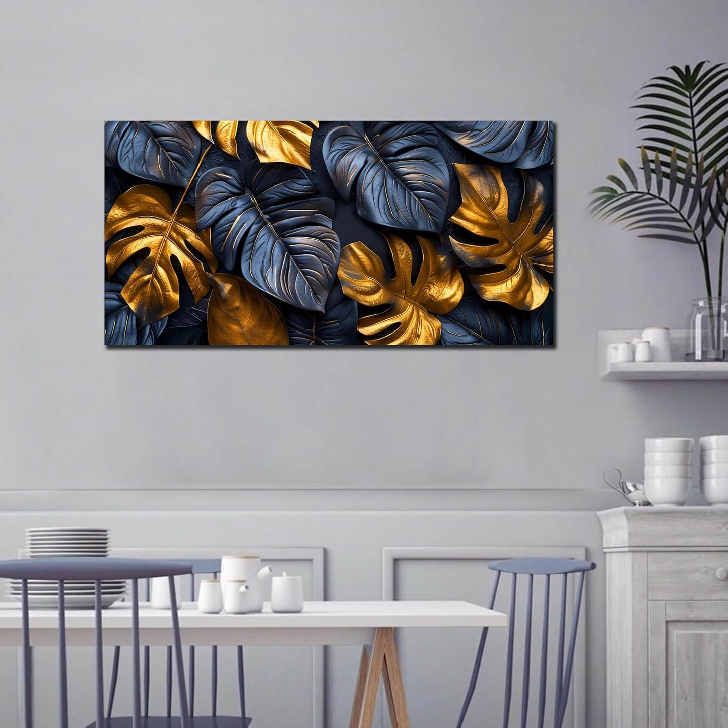 Leaves Pictures for Living Room Wall Decoration - Black and Gold Canvas Wall Art Bedroom - Modern Wall Art for Dining Room Size 29" x 59"