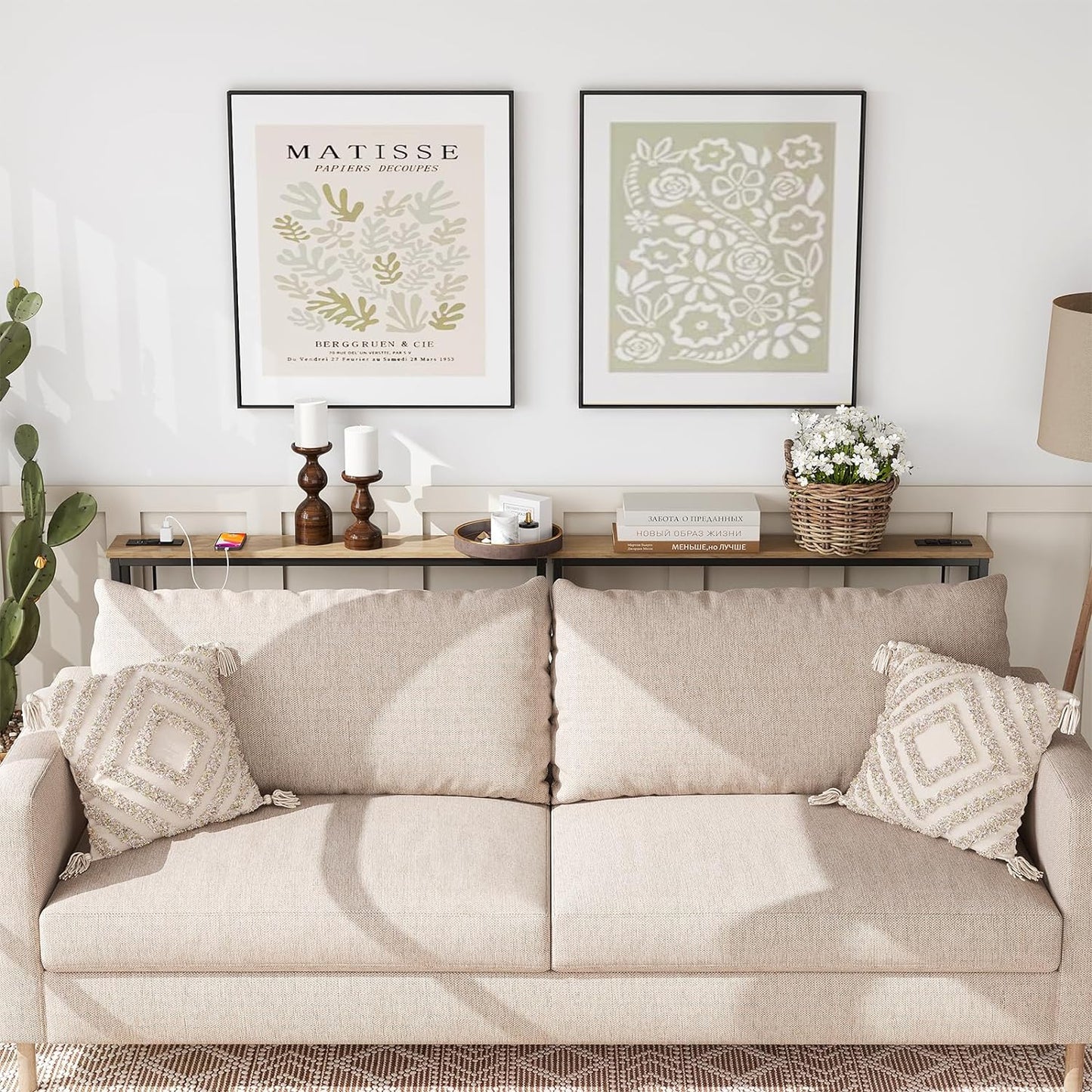 ELYKEN 5.9" Narrow Console Sofa Table with Power Outlets, 5.9" Dx39.4 Wx31.1 H Long Couch Table with Metal Frame and Charge Station with 6.5’ Extension Cord, White Oak