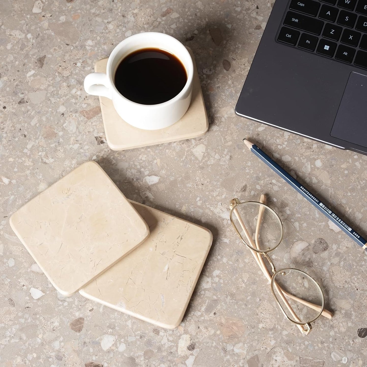 BCS Marble Coasters Set of 6 with Holder, Square Stone Drink Coasters for Coffee, Wine and Cocktails, Non-Slip Durable Cup Mats, Elegant Home, Bar & Kitchen Table Decor (Crema Beige)