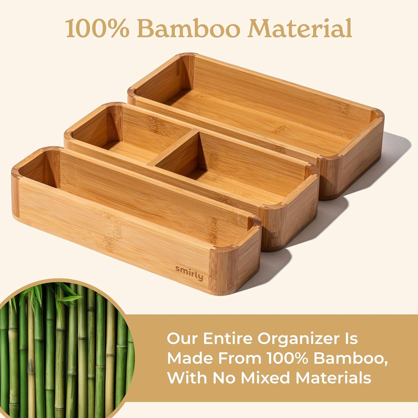 SMIRLY 3-Piece Bamboo Kitchen Drawer Organizer Set for Large and Small Utensils, Multi-use Storage Box - Bathroom, Nightstand, Jewelry, Cutlery, Knife, Spice, Towel, Junk Drawer Tray