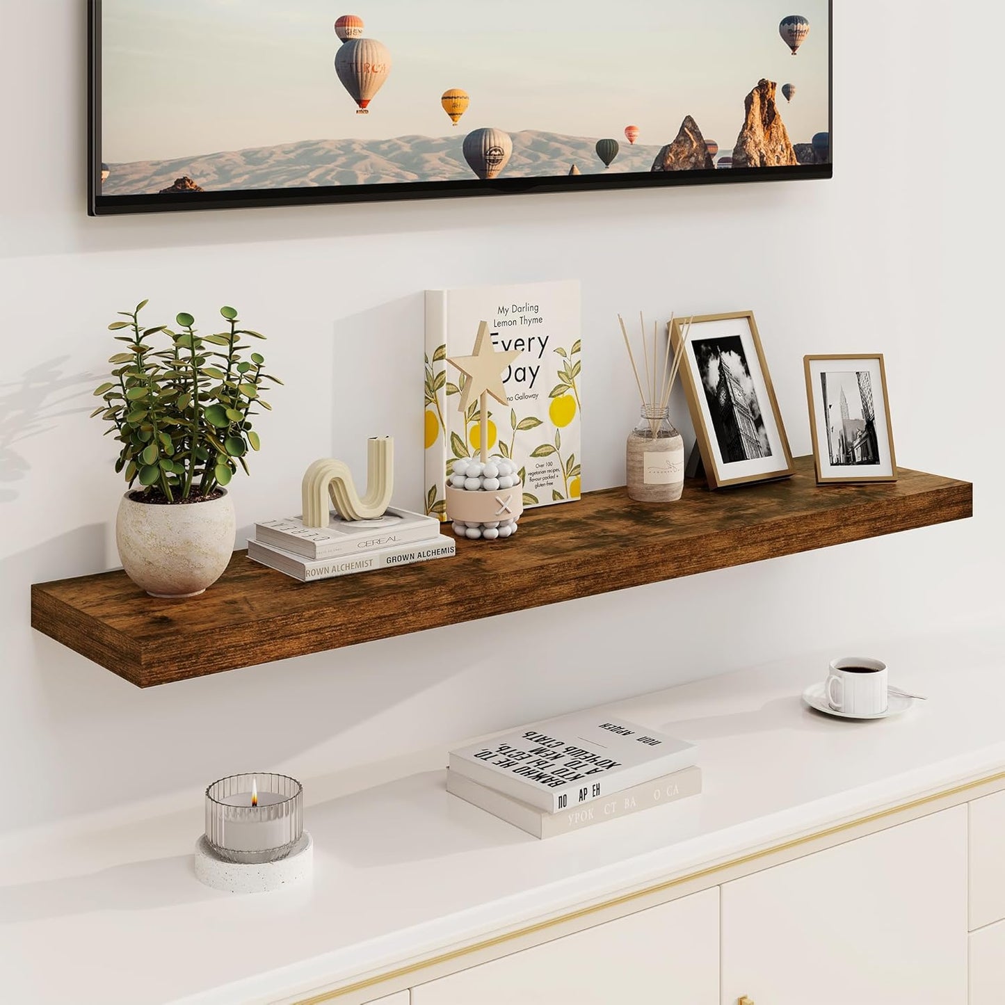 Fun Memories Floating Shelves, 8 Inch Deep Floating Shelves, Rustic Wood Fireplace Mantel 48 in Long, 48 x 8 Floating Wall Shelves for Living Room, Kitchen, Bedroom, Rustic Brown, 1 Pack