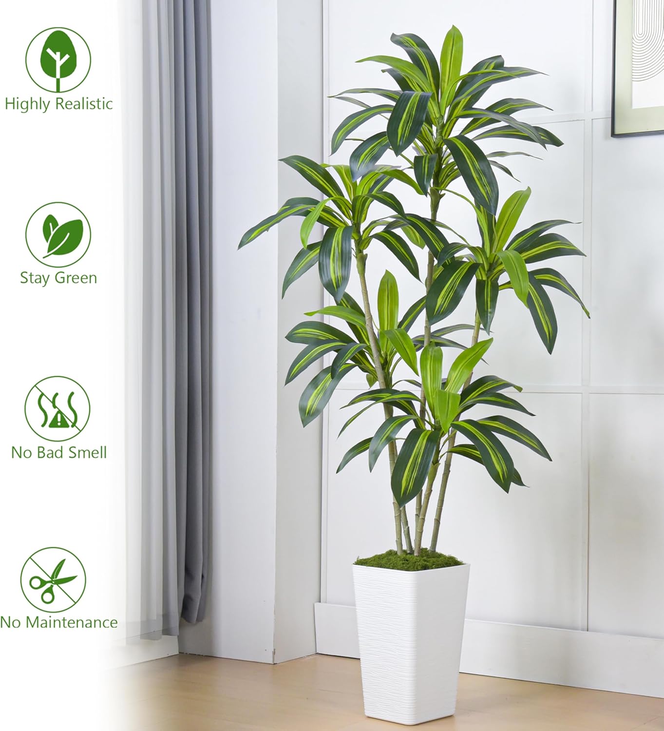 Artificial Dracaena Tree Artificial Silk Tree Faux Tree Fake Tropical Yucca Floor Plant with White Tall Planter (1, White Tall Planter, 6FT)