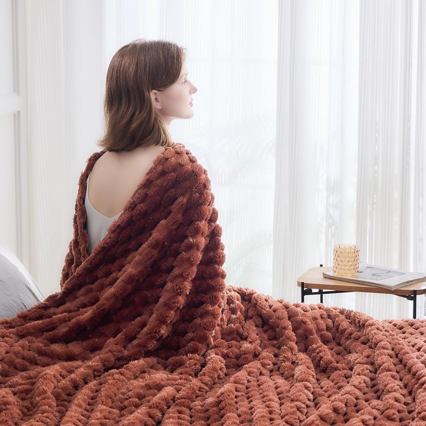 NEWCOSPLAY Super Soft Queen Blanket Coffee Premium Silky Flannel Fleece 3D Clouds Stylish Jacquard Lightweight Bed Blanket All Season Use 350GSM (Coffee, Queen(90"x90"))