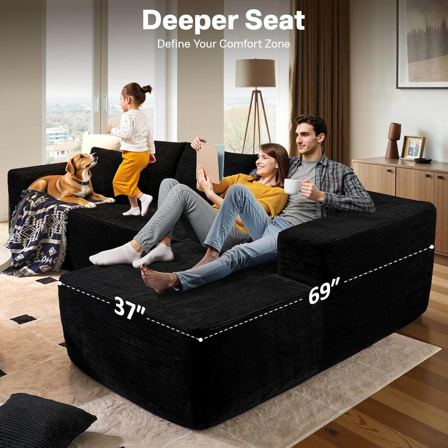 104" Cloud Sectional Couches for Living Room,L Shaped Boneless Couch in A Box,Sleeper Sofa with Comfy Chaise No Assembly Required,Black