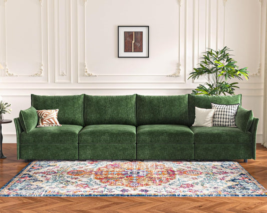 134.6" Modular Sectional Sofa, Oversized 4 Seater Green Couch with Removable Chenille Fabric Cover, Deep Seat & High Backrest for Living Room, Office & Apartment