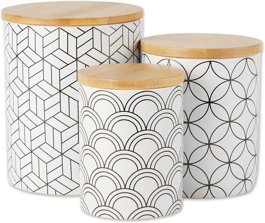DII Kitchen Ceramics Collection, Canister Set, Mixed Print, White/Black, 3 Piece