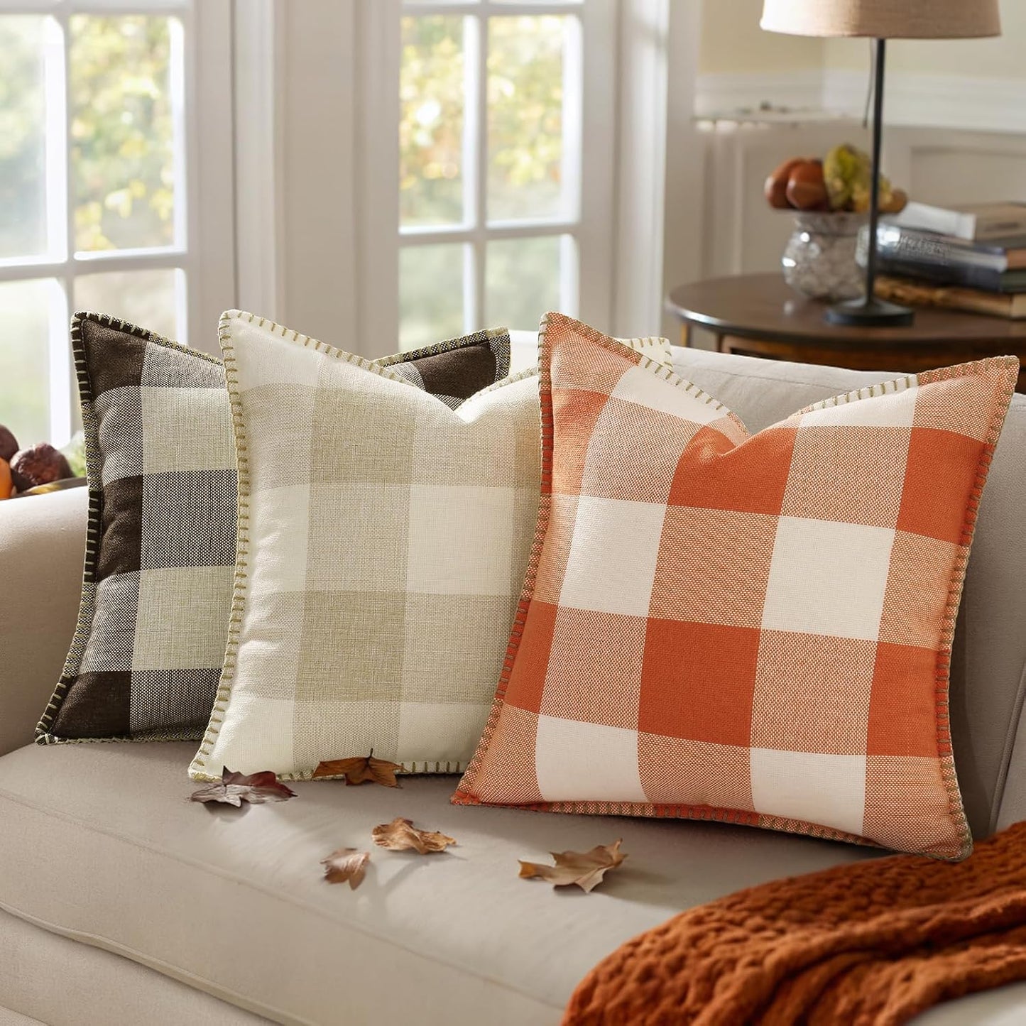 decorUhome Buffalo Plaid Check Fall Throw Pillow Covers 24x24 Set of 2, Outdoor Decorative Farmhouse Pillow Covers with Stitched Edge for Bed Couch Sofa, Cream White and Beige