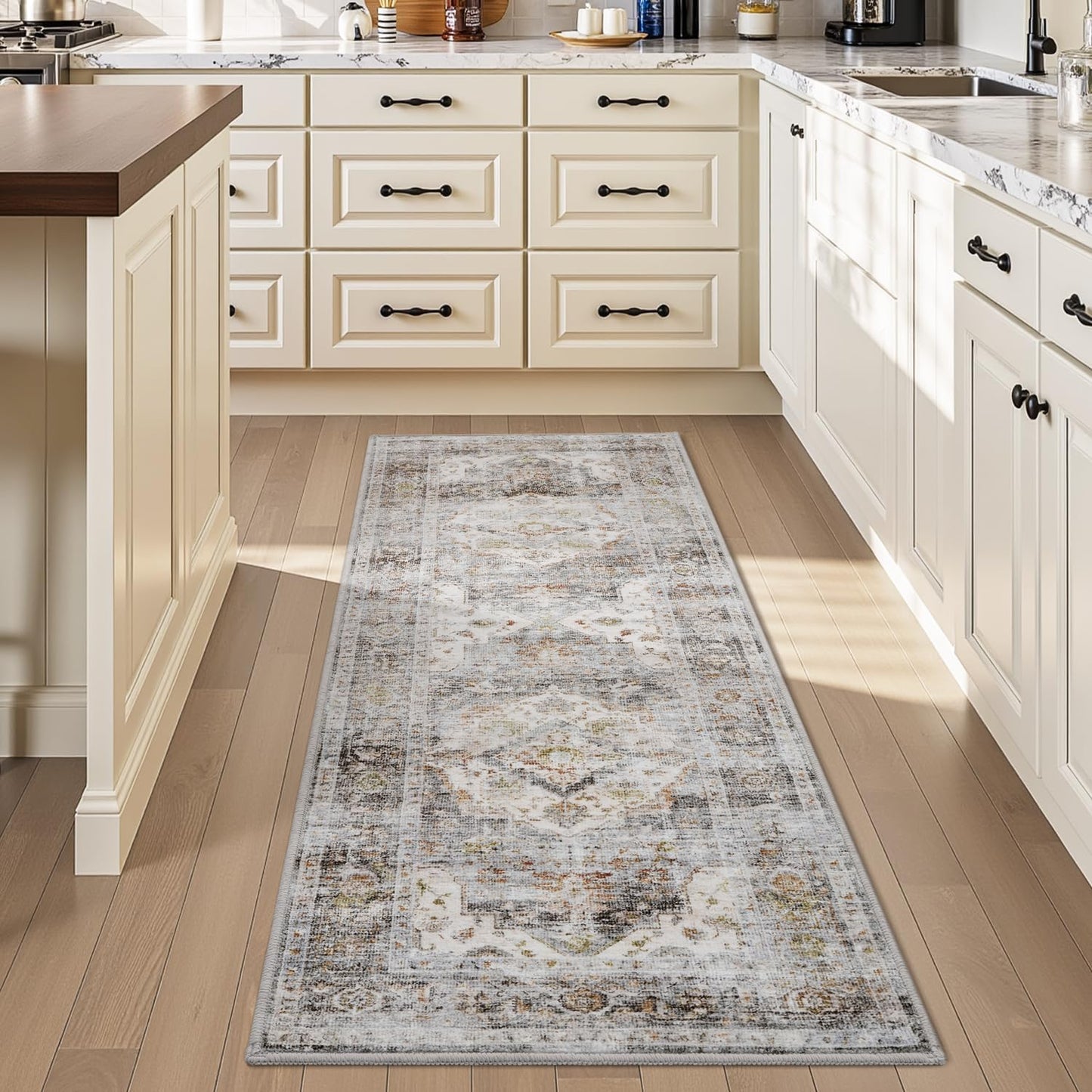 AMOAMI-2X6 Runner Rug-Washable Runners for Hallways-Soft Non Slip Bedside Rugs for Bedroom-Vintage Long Rug for Hallways Entryway Laundry Room Stair Kitchen Bathroom Grey