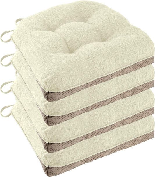 Non Slip Chair Cushions for Dining Chairs Set of 4 Kitchen Chair Cushions 18"x18"x3" Turfted Chair Pads Comfortable and Soft Seat Cushion with Ties, Beige