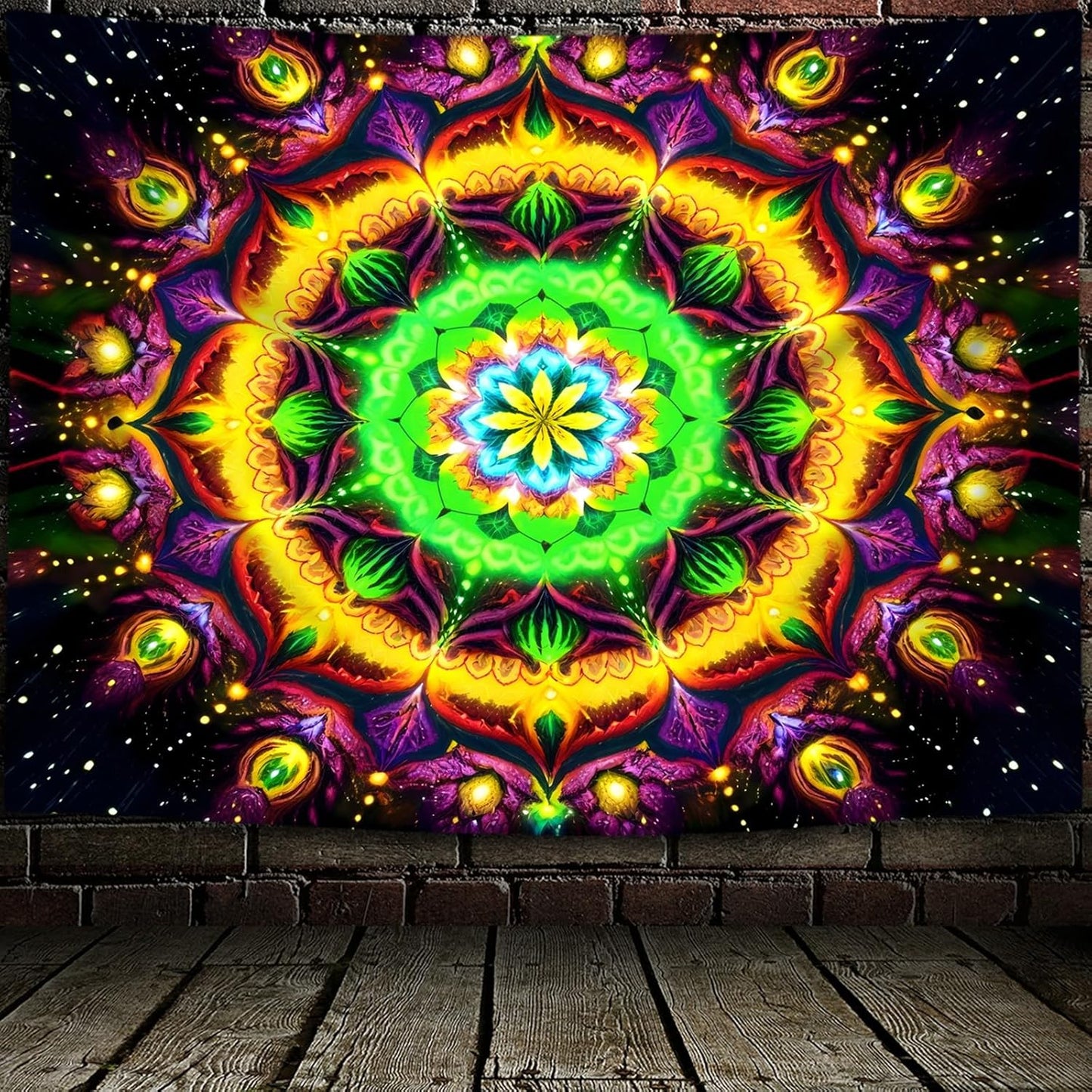 Blacklight Mandala Tapestry for Bedroom, Psychedelic Flower Black Light Posters for Adults and Teens, UV Reactive Aesthetic Bohemian Art Wall Hanging Decor Golden and Green (90 x 70 Inches)