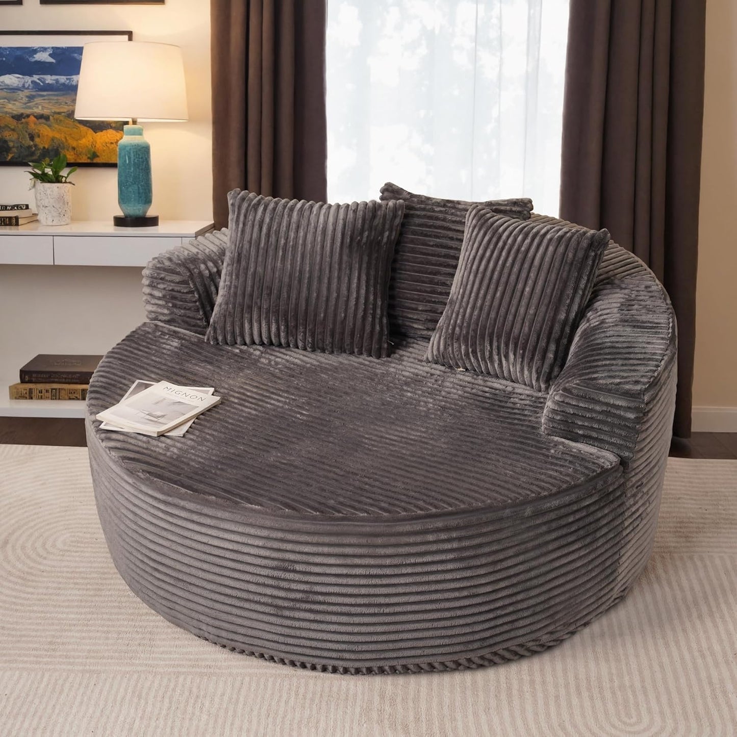 ovios 58" Oversized Round Chair Lounge Chaise Indoor, No Assembly Required, Cloud Large Circle Chair with Plush Fuax Fur, Fluffy Modern Sleeper Sofa Bed for Reading Yoga, Grey (Plush Corduroy Fabric)