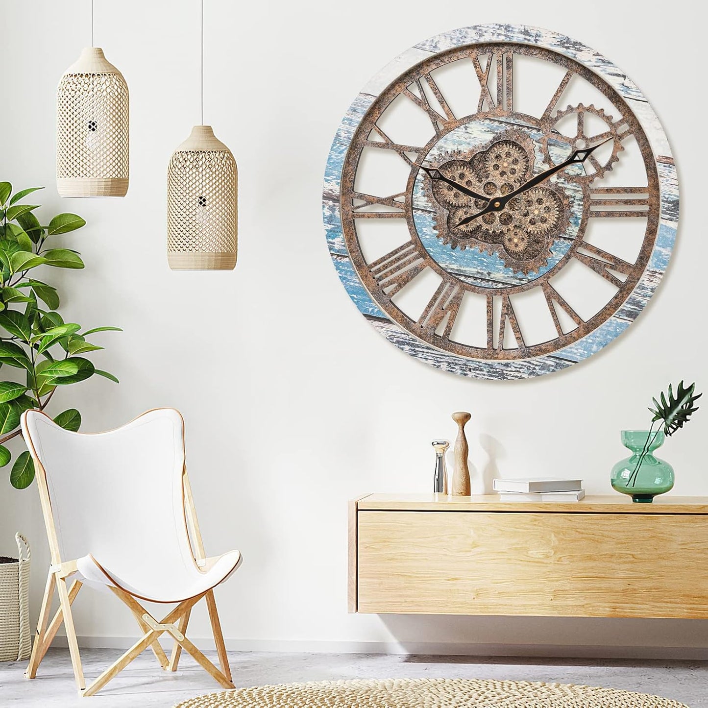 HOIBAI Large Wall Clock, Wall Clocks for Living Room Decor 20 Inch Farmhouse Vintage Rustic Kitchen Wall Decor Vintage Roman Oversized Wall Clock for Home Bedroom House Office, Moving Gears Clock