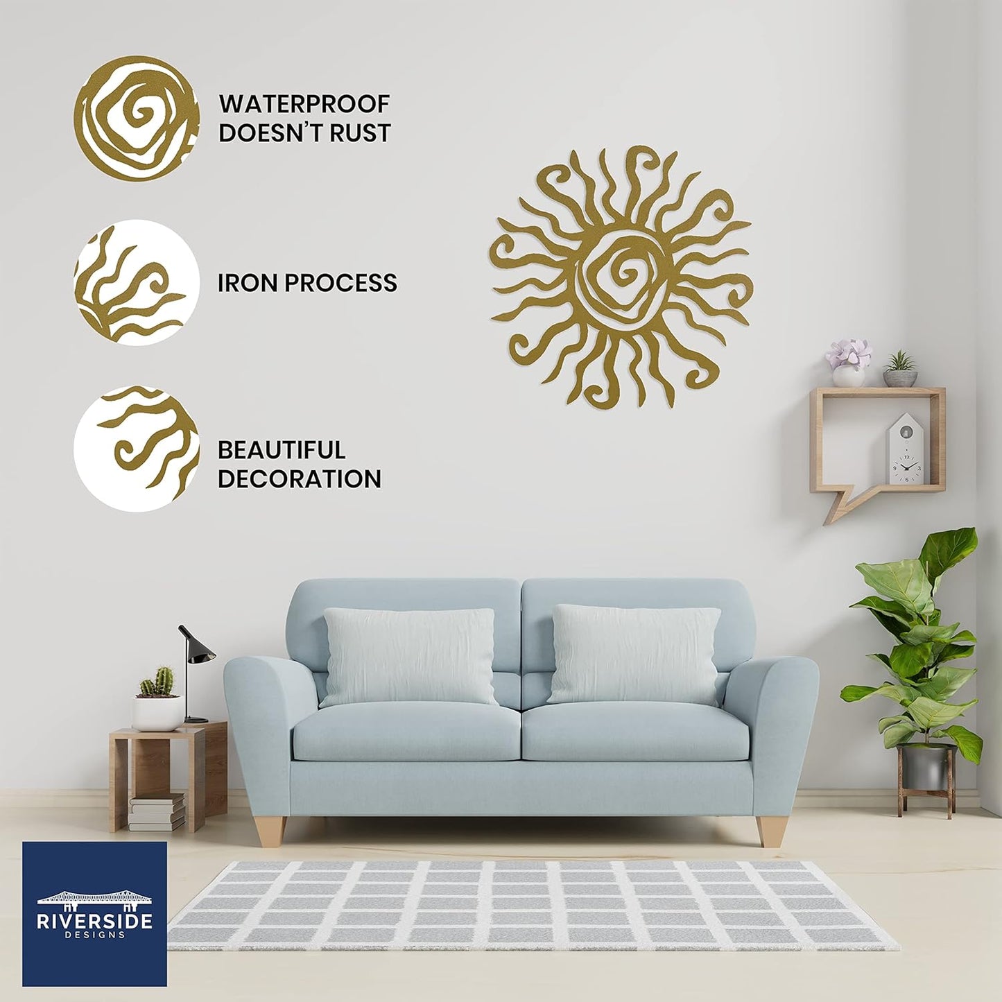 Riverside Designs Wacky Sun Metal Wall Art Indoor/Outdoor Decor - 36" Gold Rust Proof Wall Sculpture - Made in USA - Ideal for Bedroom, Garden, Home, Patio and Farmhouse