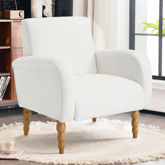 Chenille Fabric Accent Chair, Upholstered Armchair with Solid Wood Legs, Modern Living Room Accent Chair, Comfy Single Sofa Chair Reading Club Chair for Bedroom Reception Lounge, White