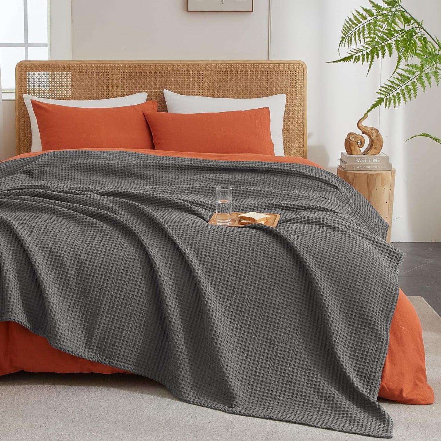 PHF Ultra Soft Waffle Weave Blanket King Size 104"x 90"- Washed Lightweight Breathable Cozy Woven Blanket for Bed - Aesthetic Decor for Couch Bedding Sofa Home Car - Grey