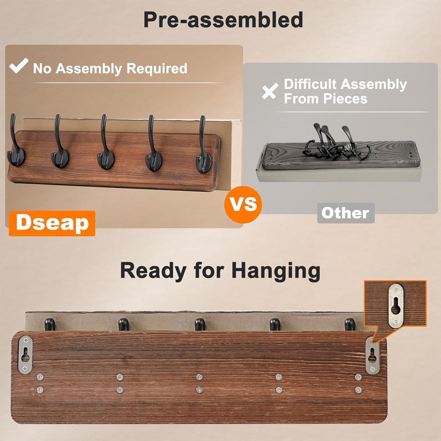 Dseap Wall Mounted Coat Rack: Patented, Heavy-Duty, 17.4" Long 5-Double-Hooks Wooden Hanger Rail for Winter Coats, Hat, Jacket, Clothing - Natural & Black