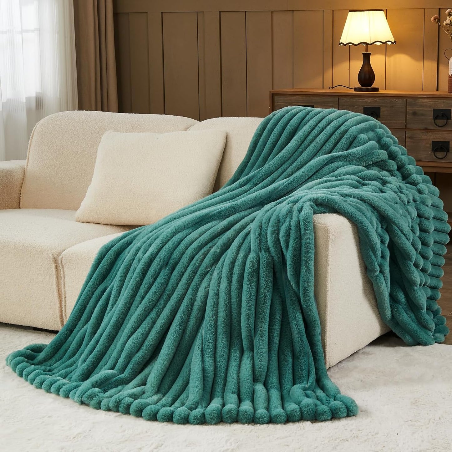 NEWCOSPLAY Faux Fur Throw Blanket Light Teal 3D Ribbed Plush Thick Warm Blanket for Couch Sofa Bed 850GSM (Light Teal Ribbed, Throw(50"x60"))