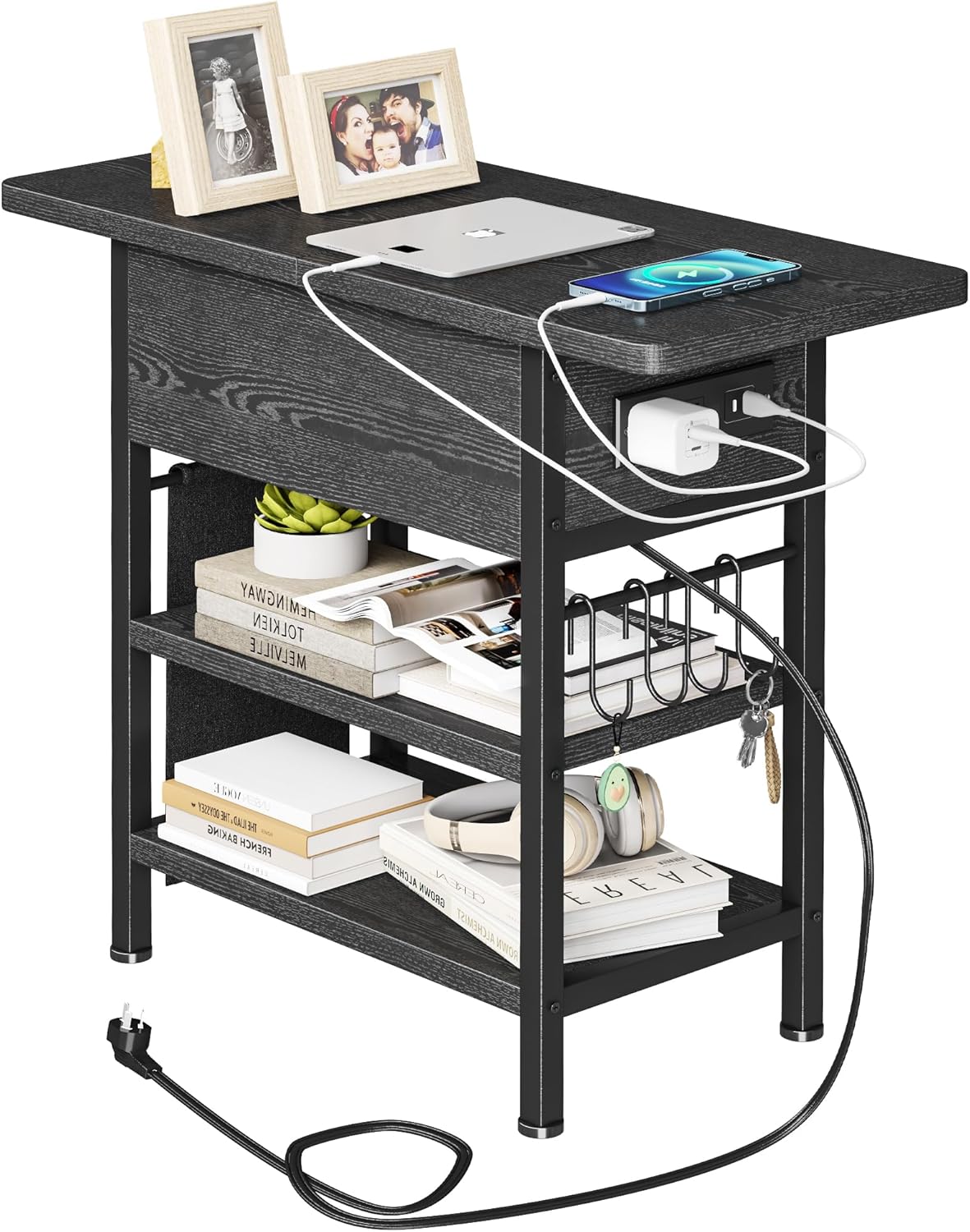 End Table with Charging Station, Flip Top Nightstand with USB Ports and Outlets,Couch Side Table with Fabric Bag and Hooks, Bedside Table for Space Saving, Living Room, Bedroom (Black)
