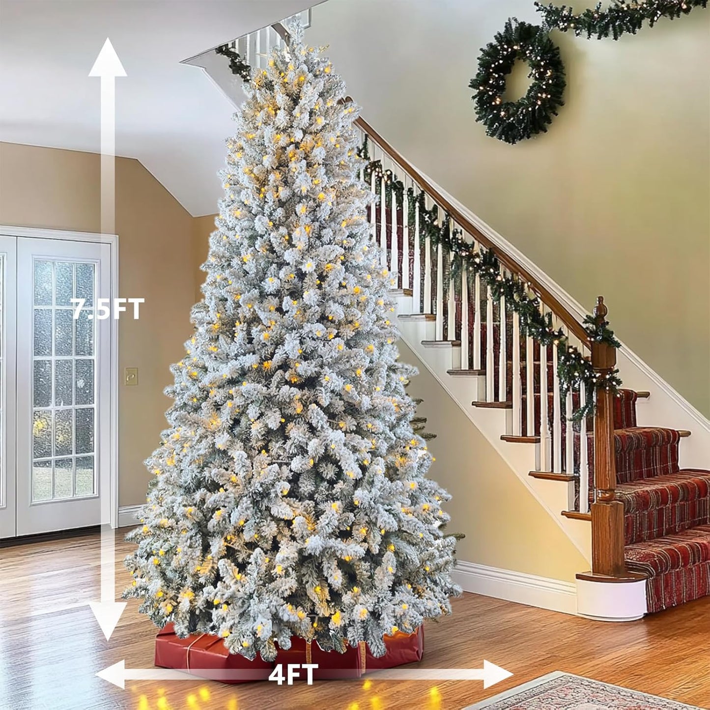 7.5ft Pre-lit Artificial Snow Flocked Christmas Tree with Quick Power Connect, 798 Warm White & Multi-Color LED Lights, and 1869 Branch Tips – Easy 3-Minute Setup Pencil Xmas Tree