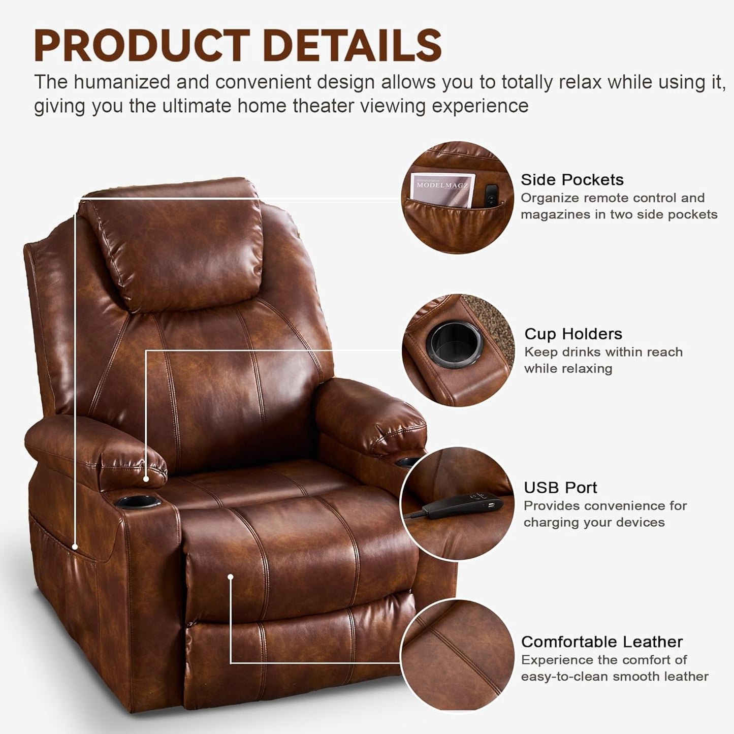 SALOHZA Power Lift Recliner Chair for Elderly with Massage and Heat for Living Room, Electric Recliner Chair for Adults with USB/Type C Port/Cup Holders, PU Faux Leather, Light Brown