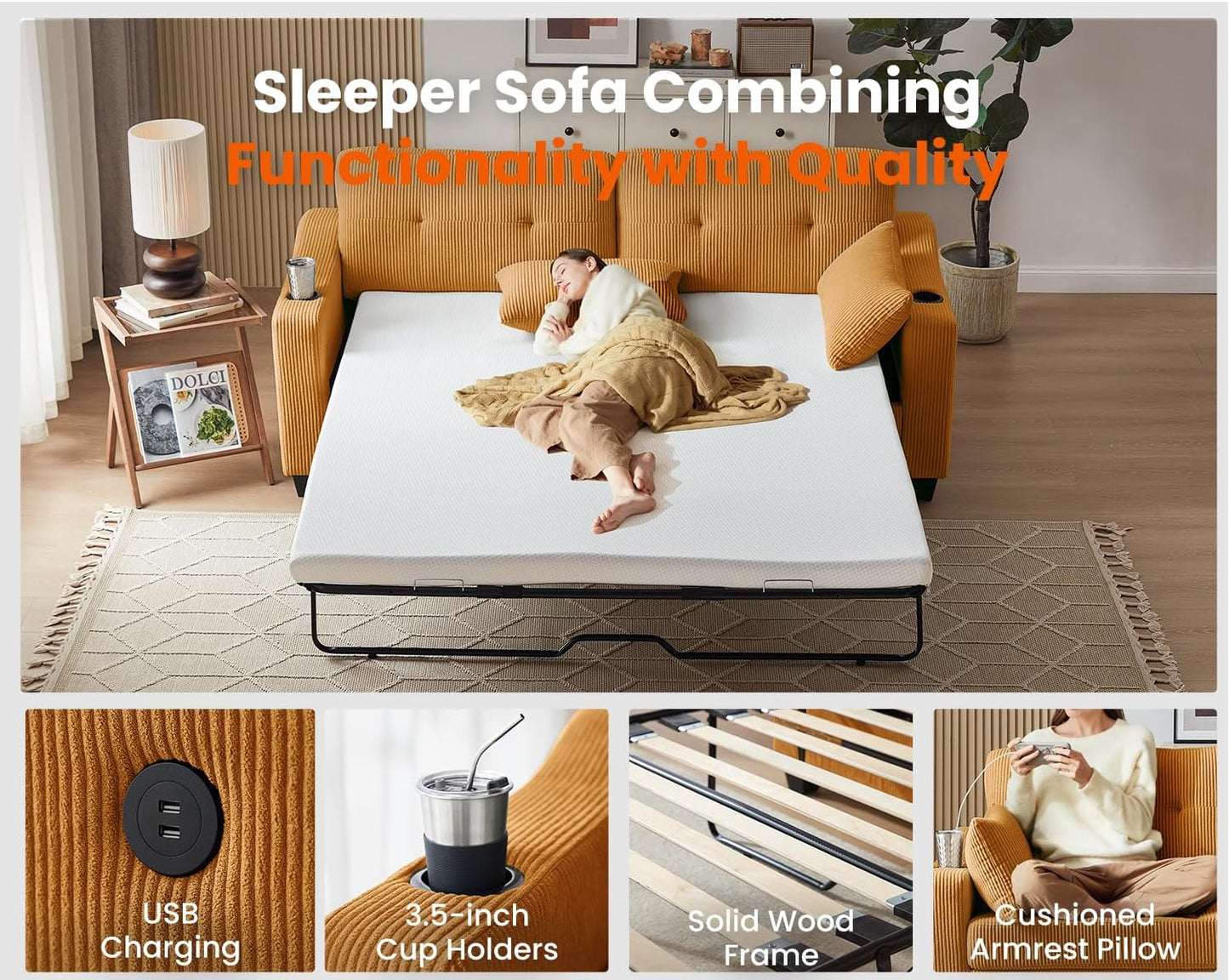 Pull Out Sofa Bed, Full Size Sleeper Sofa, 2-in-1 Convertible Corduroy Couch with USB Charging, Memory Form Couch for Living Room, Apartment and Small Space (Mustard Yellow, Corduroy - Queen Size)