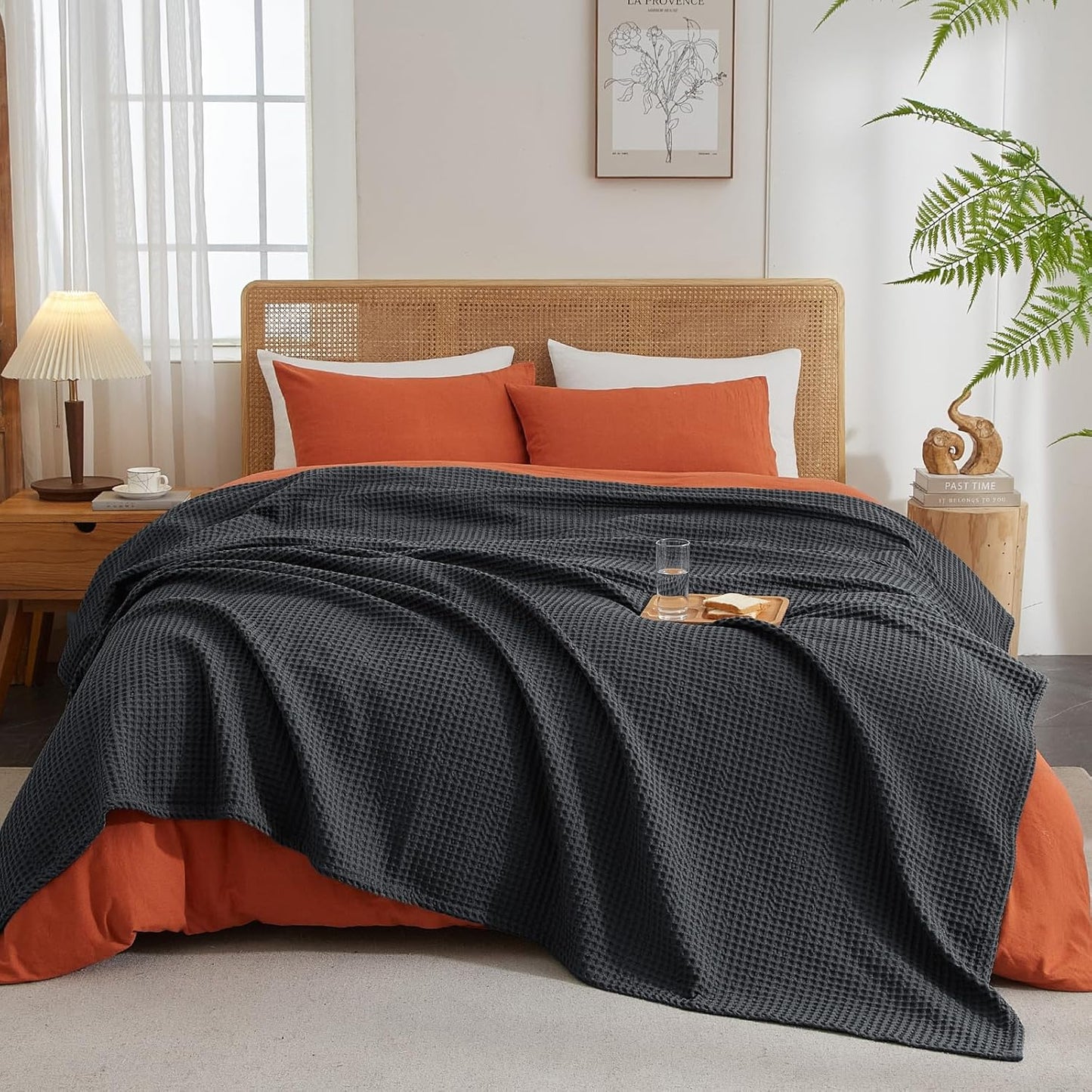 PHF Ultra Soft Waffle Weave Blanket Queen Size 90"x 90"- Washed Lightweight Breathablee Cozy Woven Blanket - Great for Couch Bed Sofa Home Car - Black