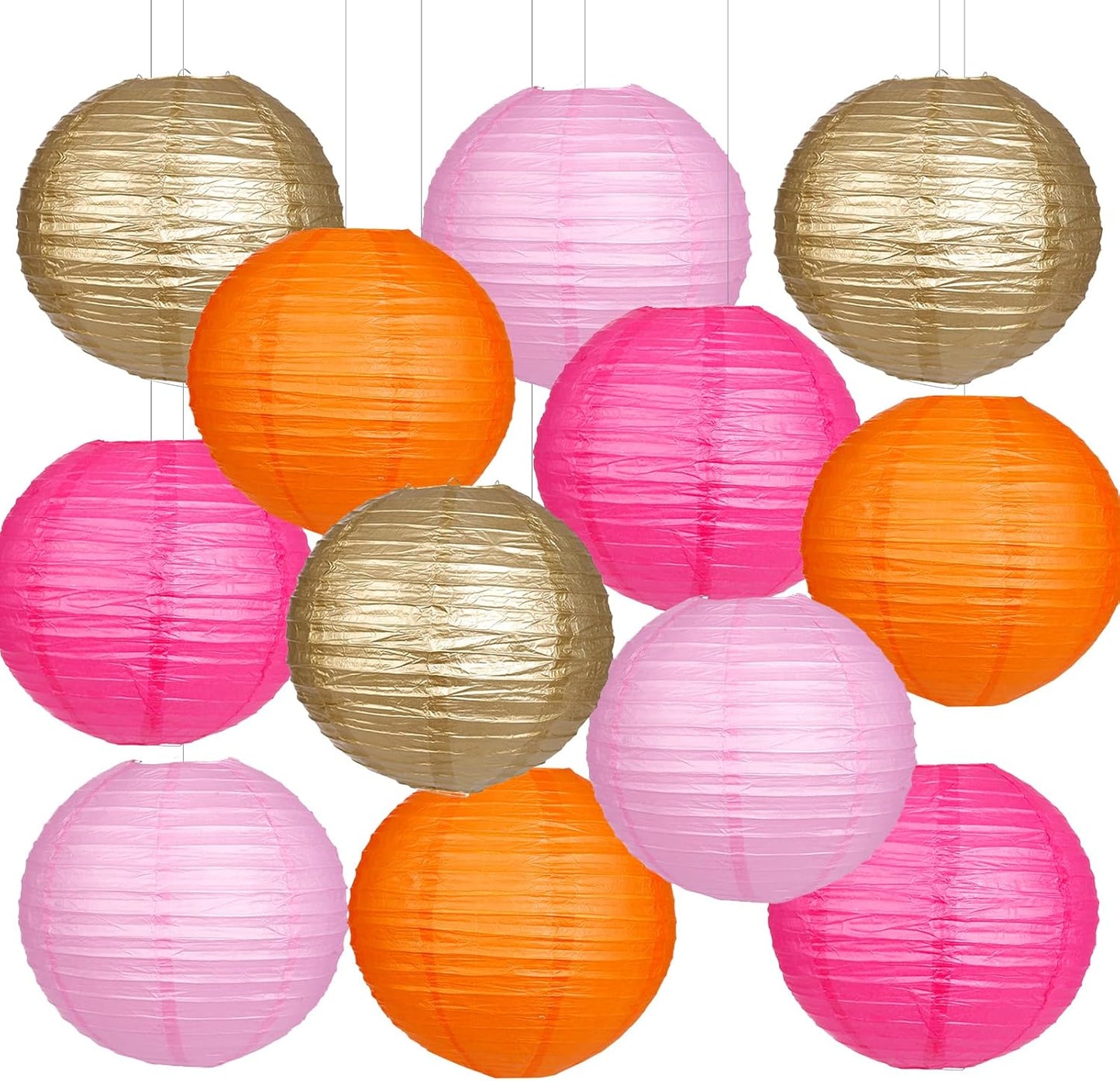 Paper Lanterns Pink Orange Gold Round Hanging Chinese Lanterns for Birthday Party Baby Shower Bridal Shower Decorations Pack of 12