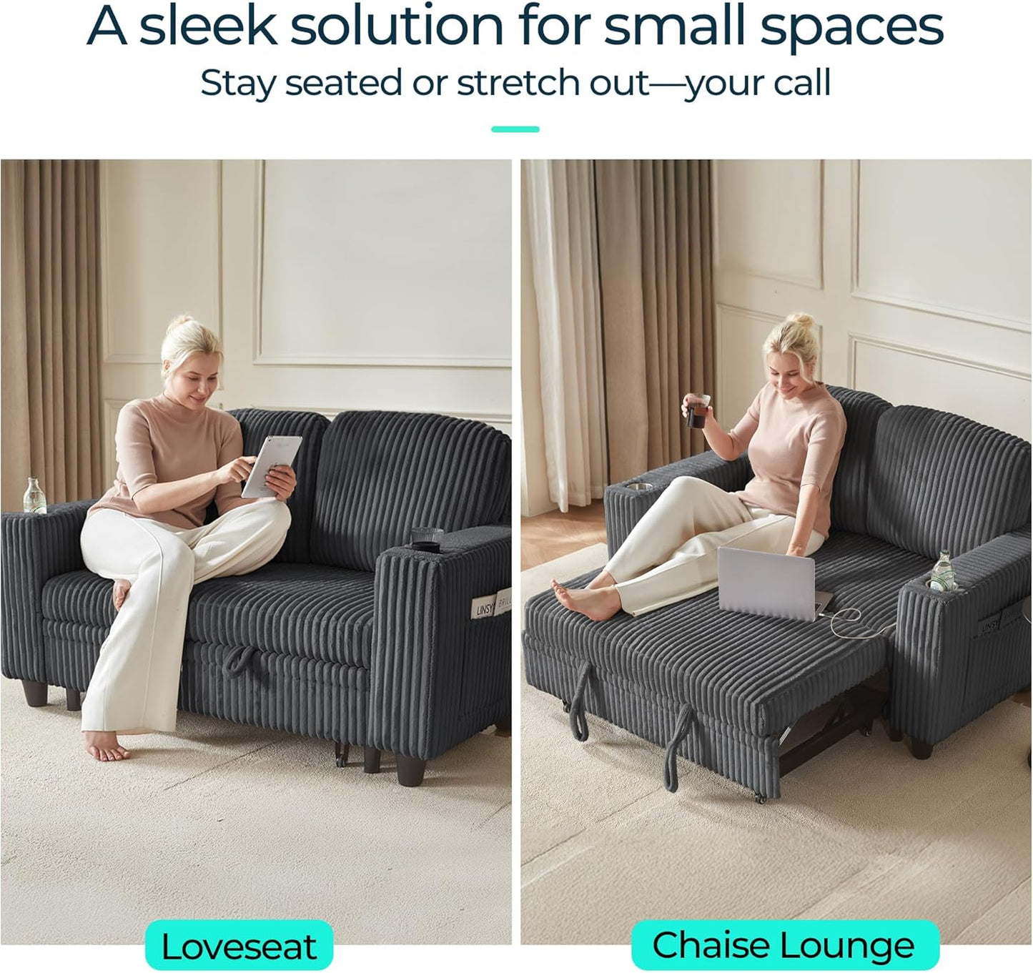 LINSY HOME Loveseat Sofa with Pull Out Couch: 2-in-1 Convertible 2 Seater Sofa Chaise with USB Charging & Cup Holders, Comfy Plush Corduroy Love Seat for Small Spaces Living Room Apartment, Grey