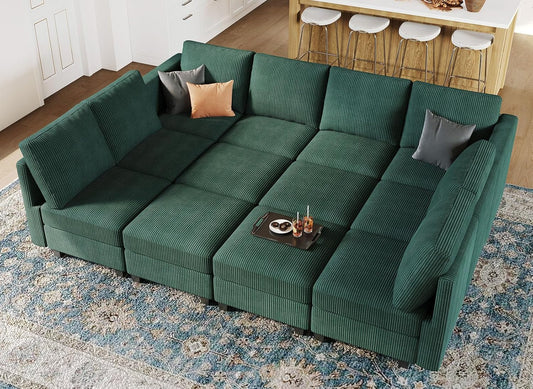 Belffin Oversized 12 Seat Modular Sectional Sleeper Sofa Convertible Sleeper Sectional Sofa with Storage Seat Large Corduroy Modular Couch for Living Room Green