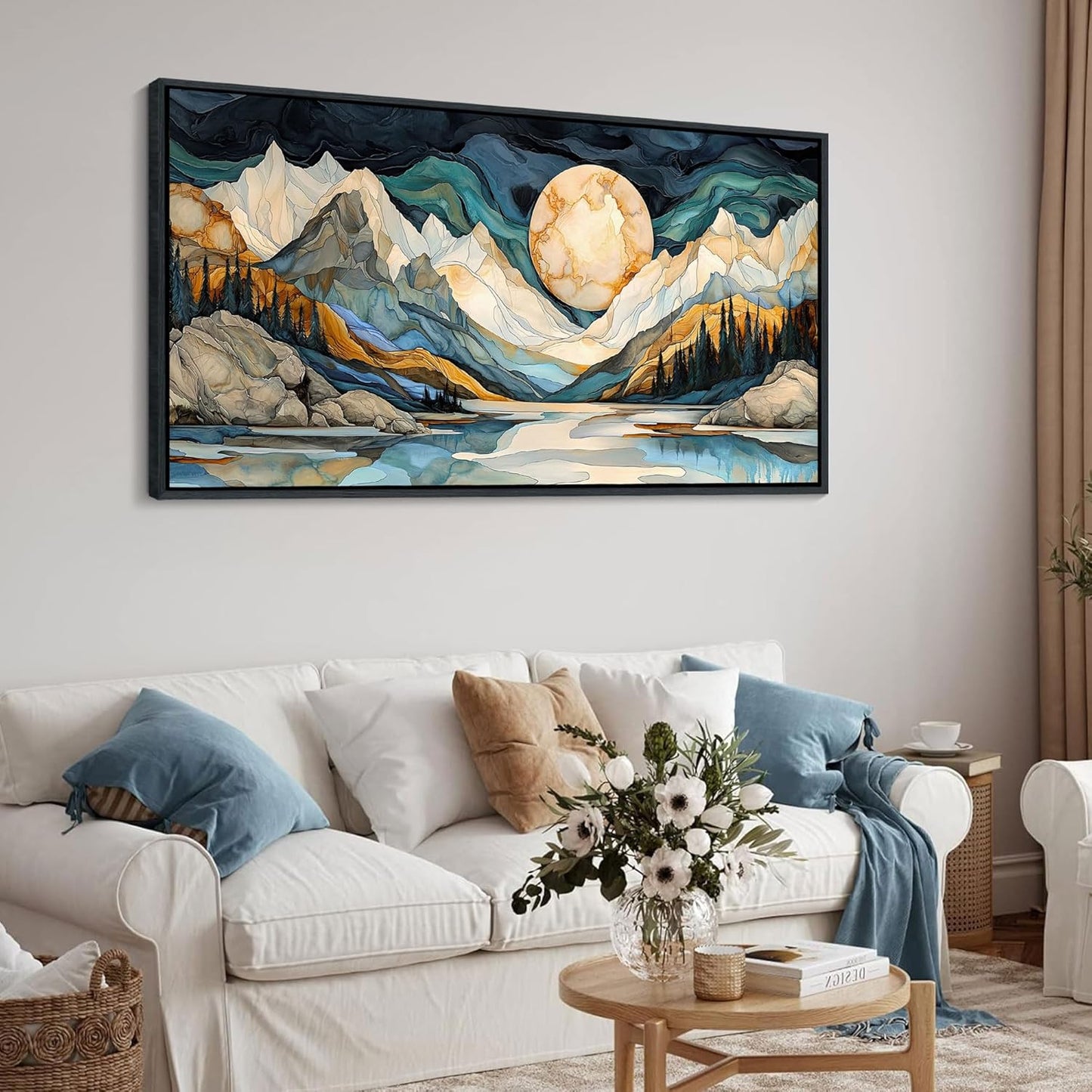 JEAWA Framed Canvas Wall Art - 24x48 Inchs Large Abstract Painting Decor, Textured Mountain Pictures as Gifts for Friends, Modern Art Prints for Bedroom Living Room Bathroom Home Decoration