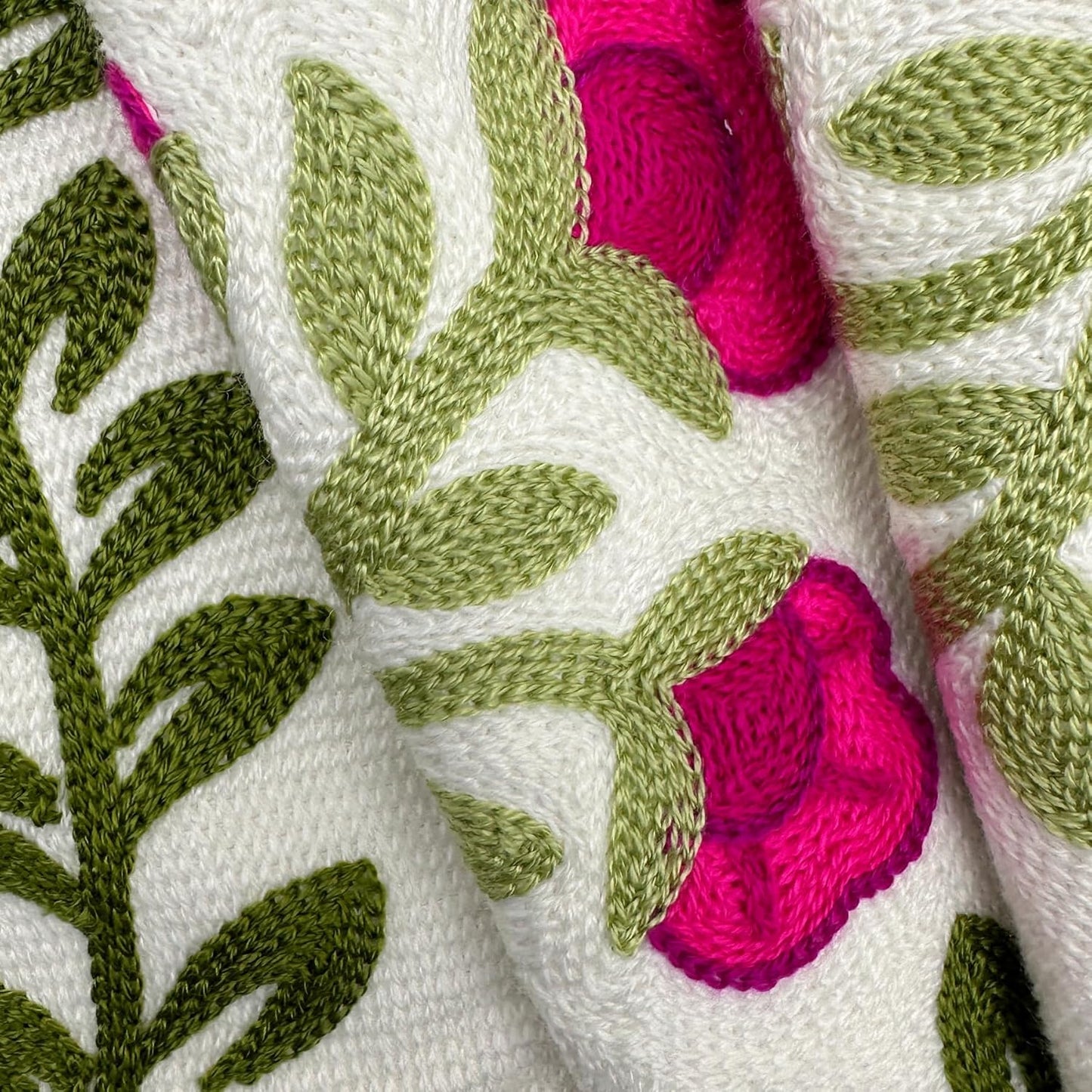 Alysheer Floral Embroidered Summer Decorative Throw Pillow Covers 20"x 20" Set of 2, Farmhouse Cottage Hot Pink Flowers Green Leaves Knit Pattern Cotton Canvas Cushion Case for Couch Bed Living Room