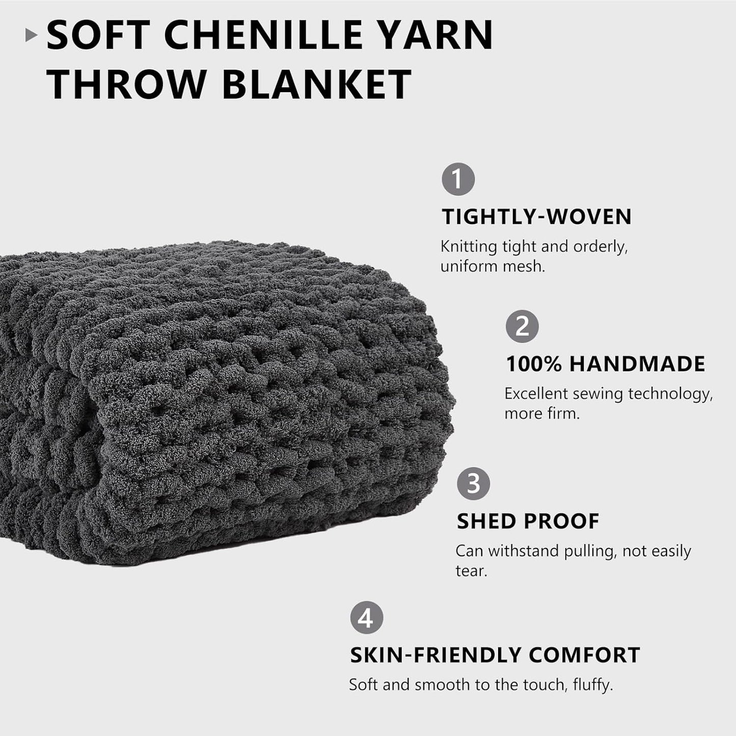 L'AGRATY Chunky Knit Blanket Throw: 80''x90'' Chenille Chunky Knitted Throw Blanket for Bed Couch - Handmade Thick Big Cable Knit Blanket - Large Chunky Crochet Blanket for Home Decor(Dark Grey)