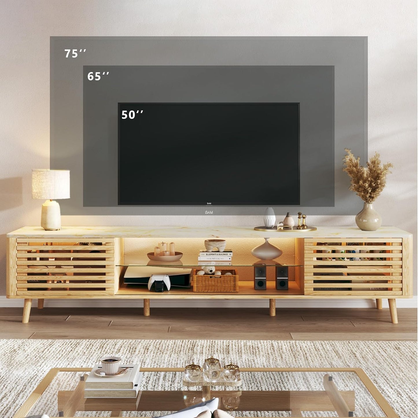 70" Mid Century Modern TV Stand for 55/65/75 Inch TV, Faux Marble Top Entertainment Center with Slatied Sliding Door & LED Lights, Low TV Console with Glass Shelves for Bedroom, Living Room