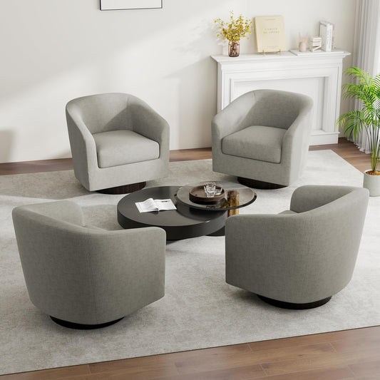 Swivel Barrel Accent Chair, Modern Round Linen Arm Chair for Living Room, Bedroom, Comfy Club Reading Chairs for Adults（Linen Fabric, Khaki, Set of 4