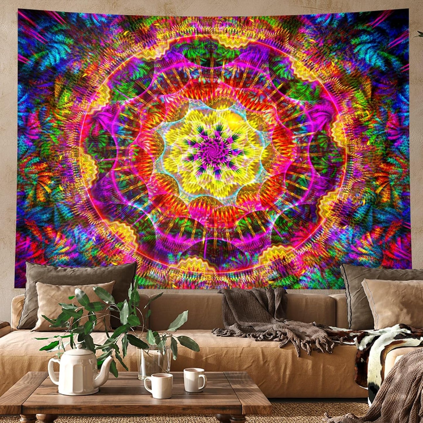 PSYHILAR Blacklight Mandala Tapestry for Bedroom, Psychedelic Black Light Posters for Adults and Teens, Colorful UV Reactive Aesthetic Bohemian Art Wall Hanging Decor (40 x 30 Inches)