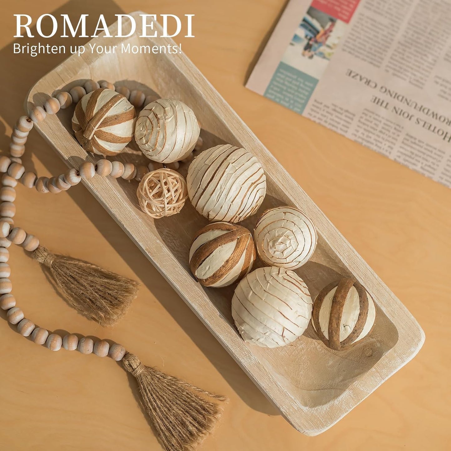 Romadedi Decorative Bowls for Home Decor - 16" Wooden Dough Bowl for Decor, Large Wood Bowl for Kitchen Table Centerpieces Long Narrow Wooden Tray for Dining Table Whitewashed