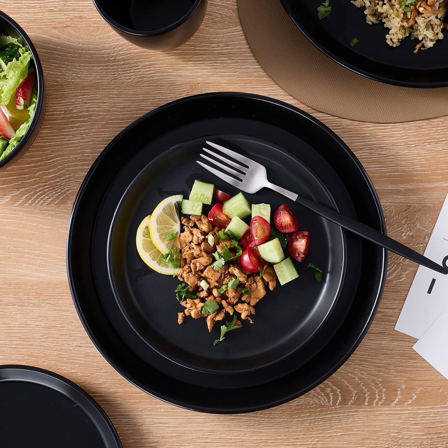 Stone Lain Jules Modern Stoneware 32-Piece Round Black Dinnerware Set, Plates and Bowls Sets, Dish Set for 8, Black