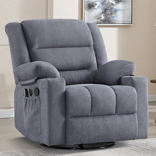 Rocker Recliner Chair with Heat and Massage, 360° Swivel Recliner Chairs for Adults, Heavy Duty Reclining Sofa Chair with USB Port Cup Holders Side Pockets for Living Room (Grey)
