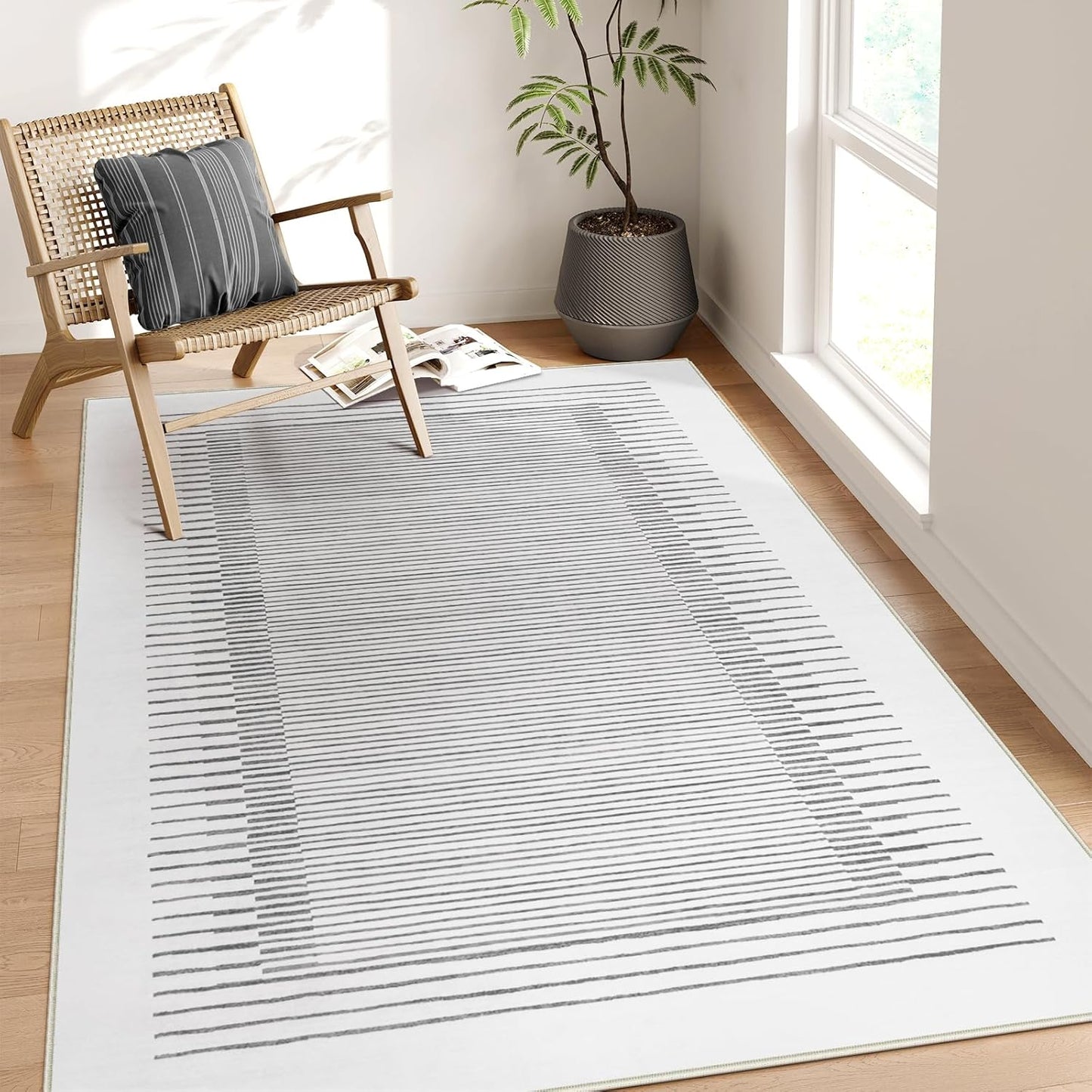 Wonnitar 5x7 Washable Striped Living Room Area Rug, Non-Slip Grey Boho Rugs for Bedroom, Low Pile Soft Minimalist Floor Carpets for Dining Room Home Office (Grey,5' x 7')