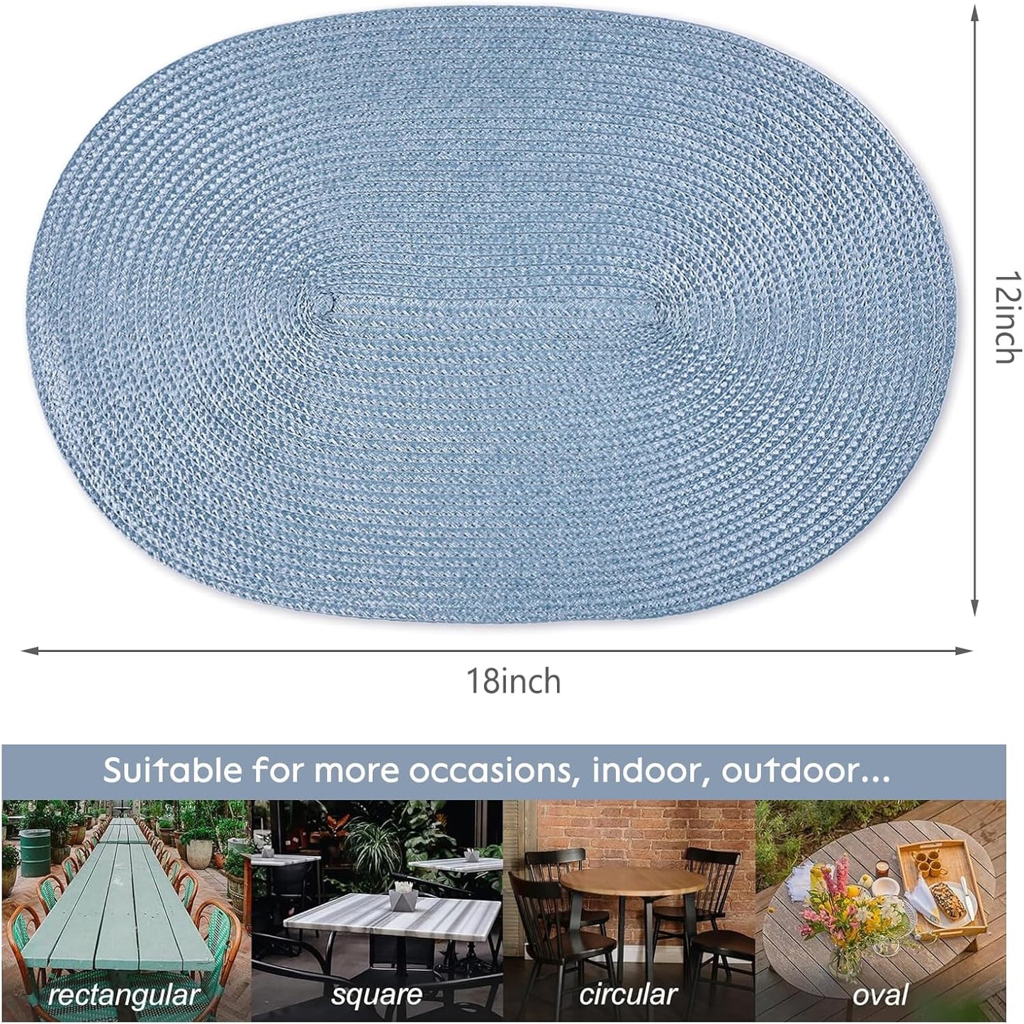 AHHFSMEI Placemats Set of 4 for Dining Table Washable Woven Vinyl Non-Slip 18x12 inches Placemat Heat-Resistant Durable Table Mats for Dining Table Easy to Clean(Light Blue 4)