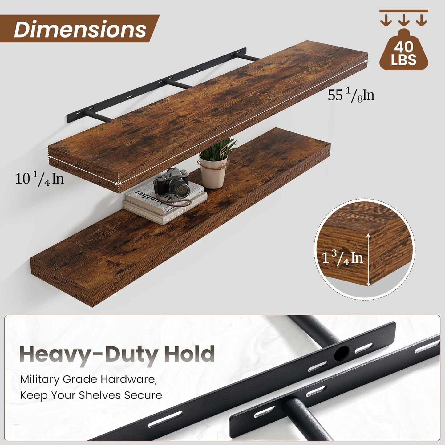 Heimlove 55 Inch Floating Shelves for Wall,10 Deep Large Rustic Brown Wall Shelf with Heavy Duty Brackets,Wall Mounted Storage & Display Shelves for Bedroom,Living Room,Kitchen,Office